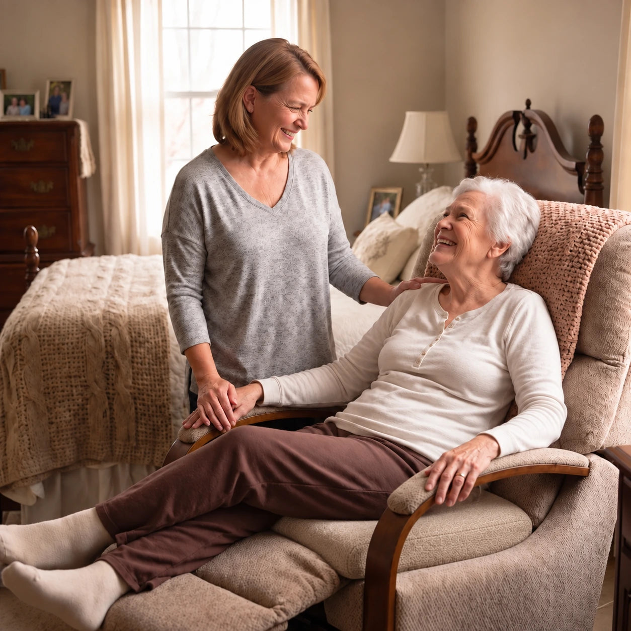The same mother relaxed and laughing with her daughter in the same chair