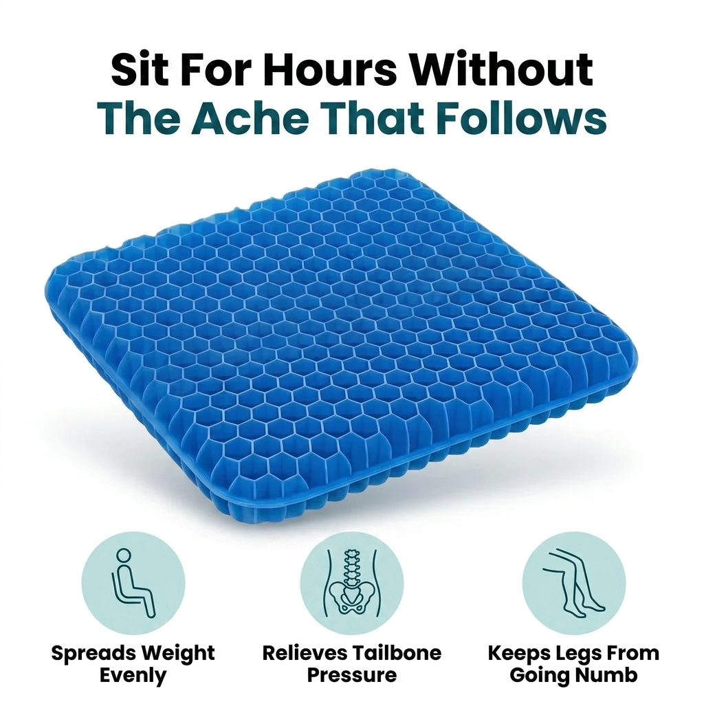 Relvie HoneyCore gel cushion, spreads weight and relieves tailbone pressure