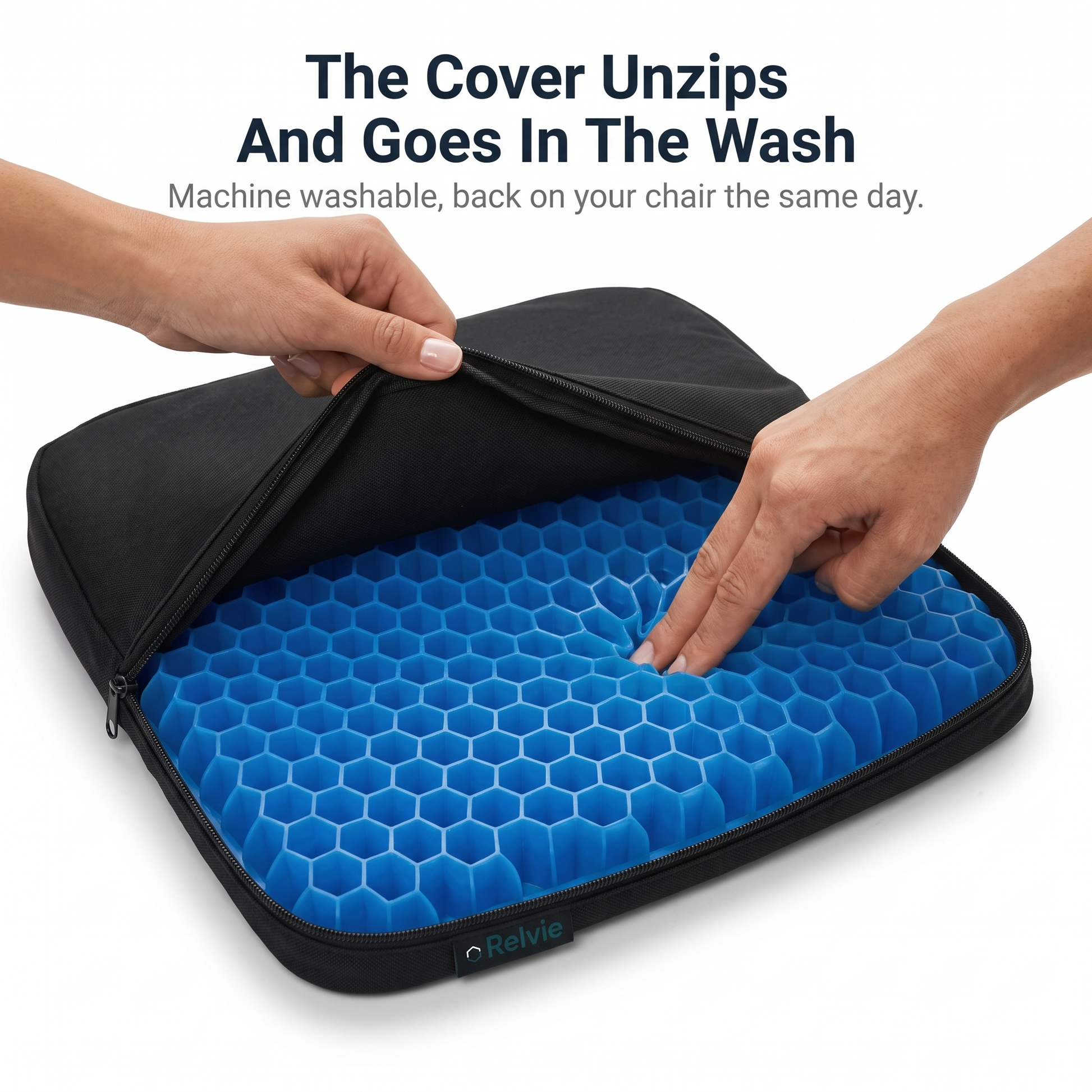 Relvie HoneyCore gel cushion with the zip cover peeled back