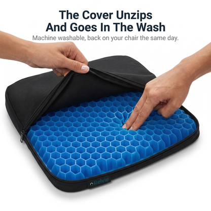 Relvie HoneyCore gel cushion with the zip cover peeled back