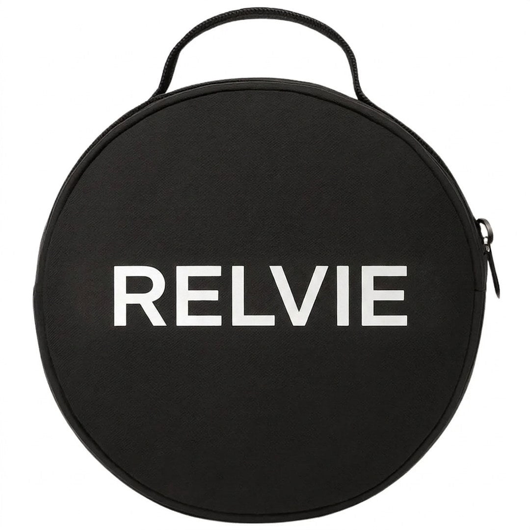 Black round Relvie travel carry case with zip closure and top carry handle