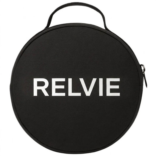 Black round Relvie travel carry case with zip closure and top carry handle