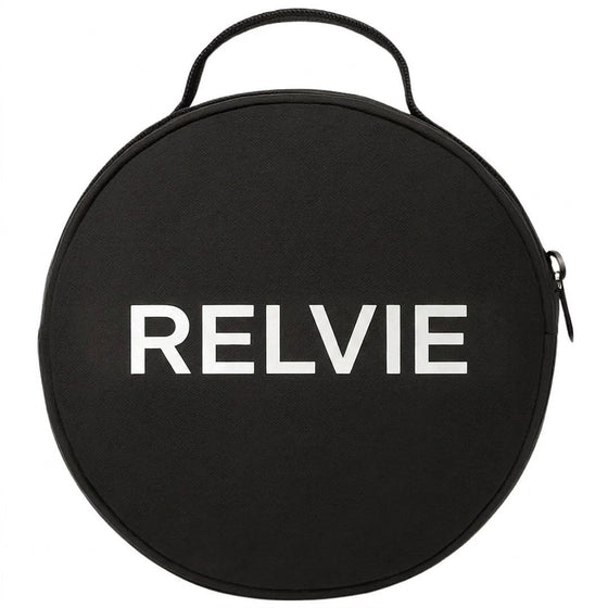 Black round Relvie travel carry case with zip closure and top carry handle