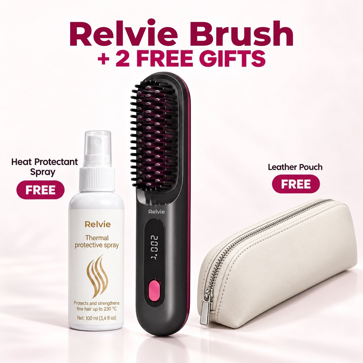 Relvie cordless brush with two free gifts: heat protectant spray and leather pouch.