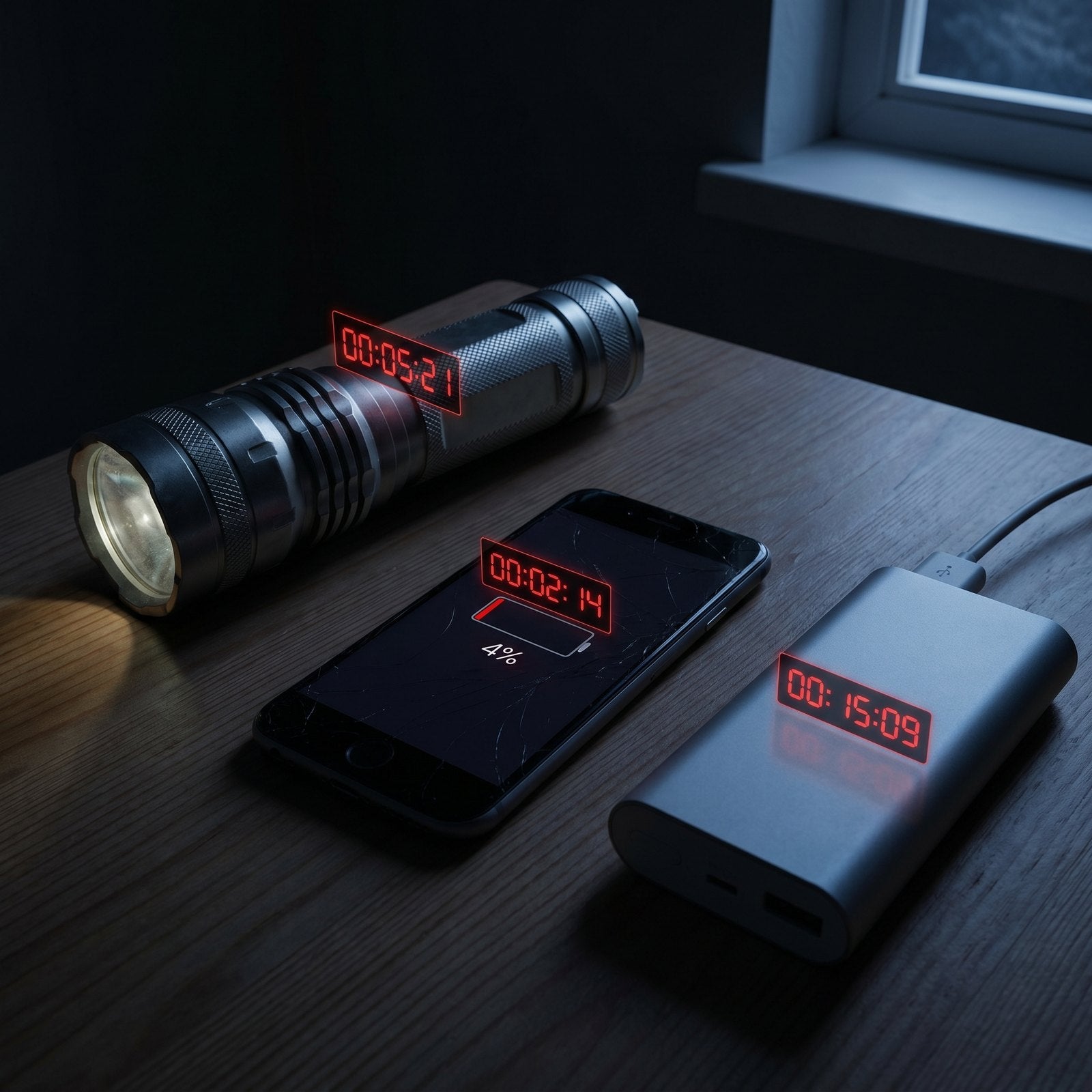 A flashlight, a phone at 4%, and a power bank counting down in a dark room