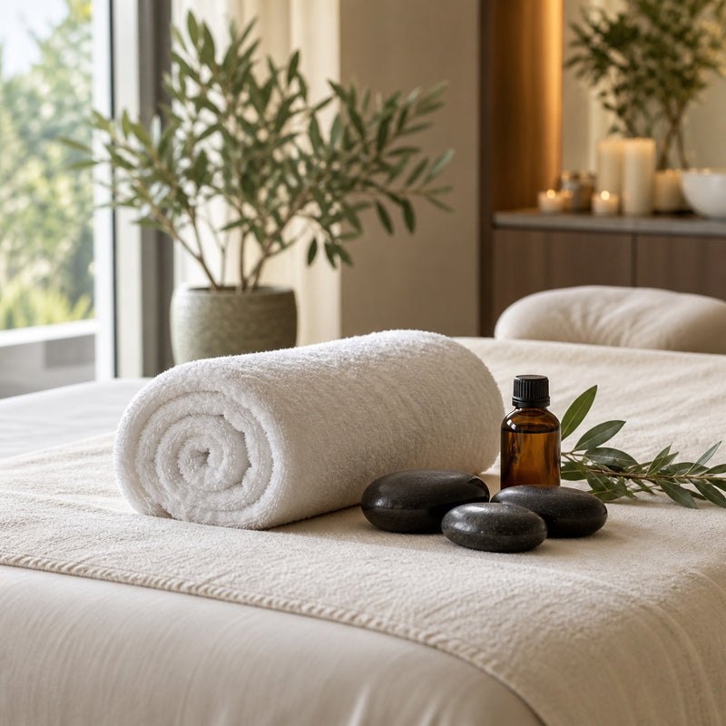 Spa massage table with a towel, massage stones and oil