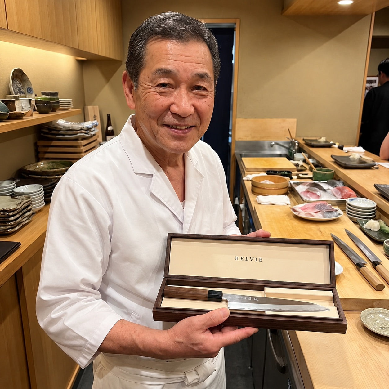 Sushi chef with RELVIE knife box