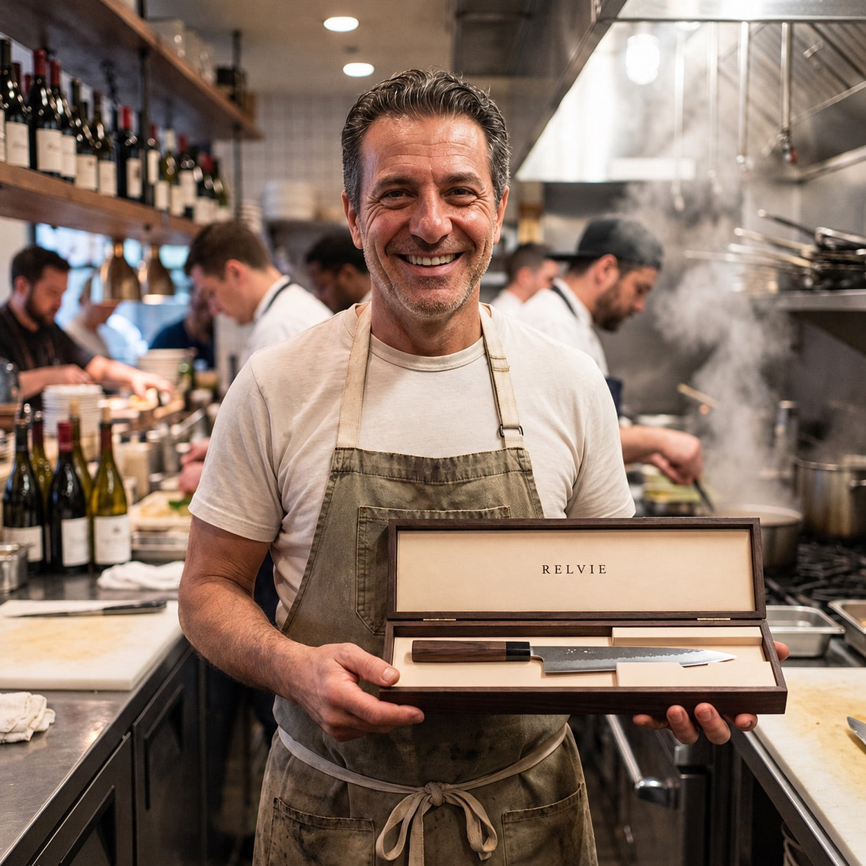 Chef with RELVIE box in his restaurant kitchen
