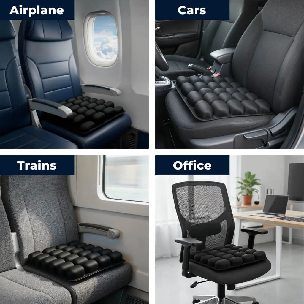 Black seat cushions on chairs in airplane, car, train, and office settings.