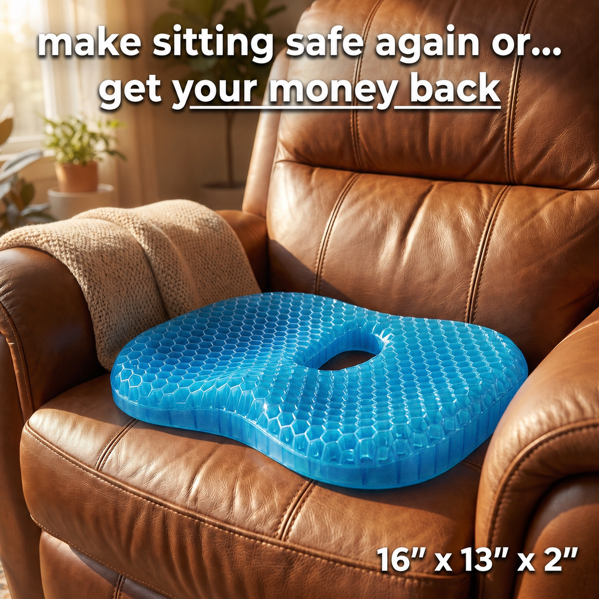 Relvie blue honeycomb gel seat cushion with a tailbone cutout, sitting on a brown leather recliner
