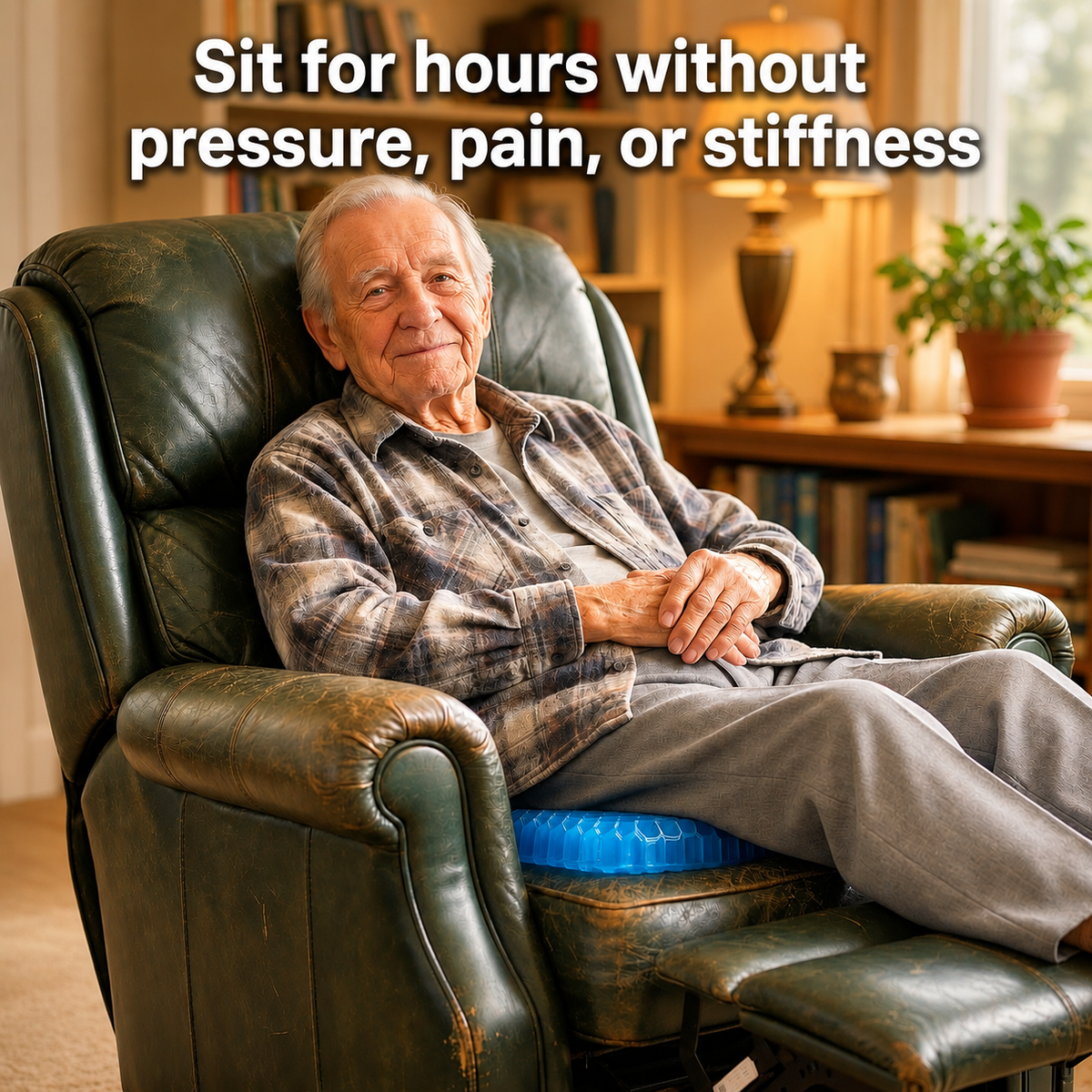 An older man sitting comfortably in a leather recliner using the Relvie gel seat cushion