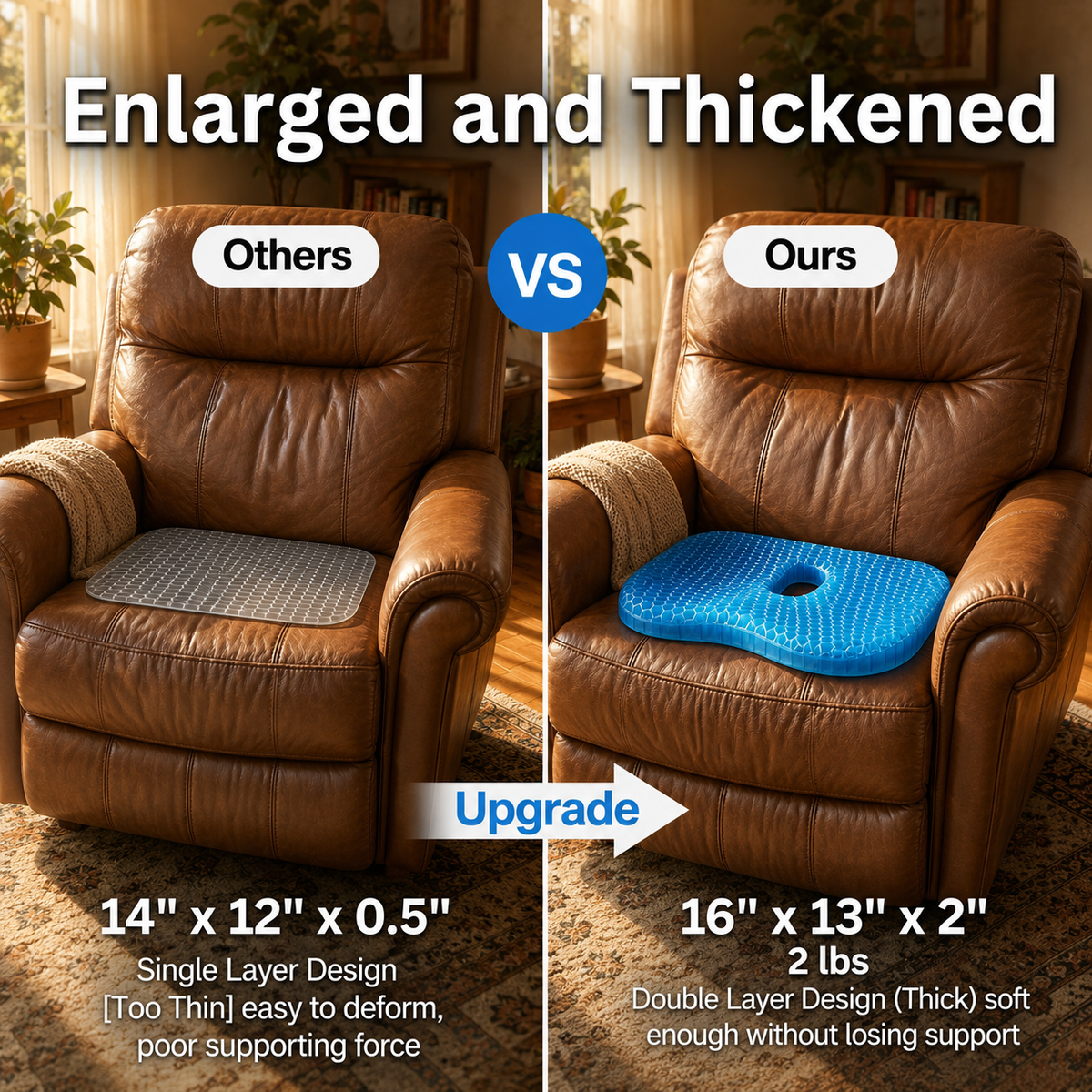 Size comparison: a thin 14 by 12 by 0.5 inch cushion beside the thicker 16 by 13 by 2 inch double-layer Relvie cushion