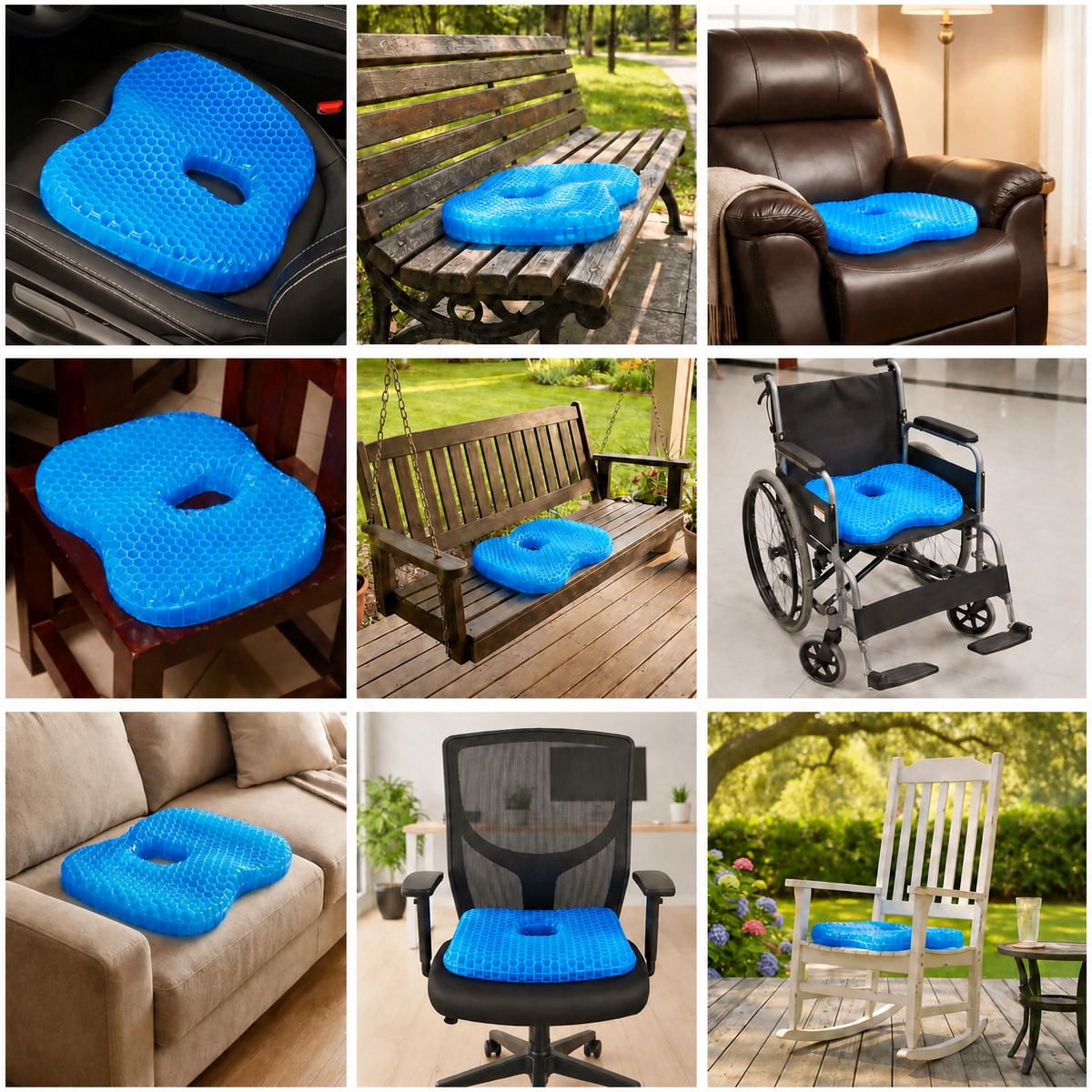 Nine photos of the Relvie cushion in use on a bench, recliner, wheelchair, office chair, dining chair and patio chair