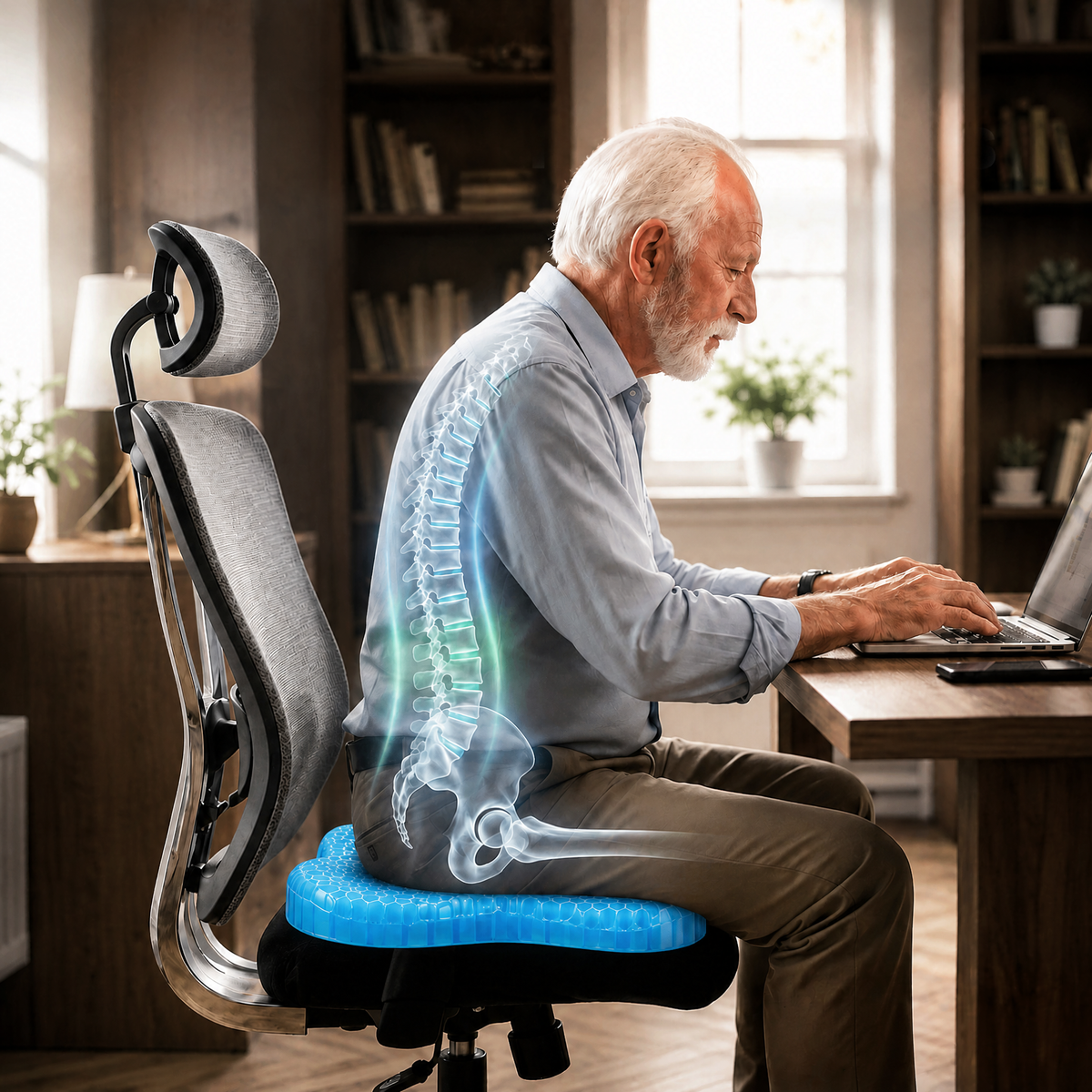 An older man working at a desk in an office chair on the Relvie cushion, with his spine shown in alignment