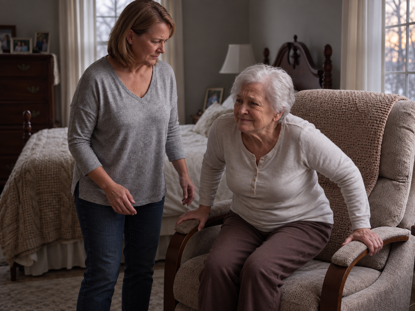 An older mother braces on both armrests while her daughter notices her concealed discomfort