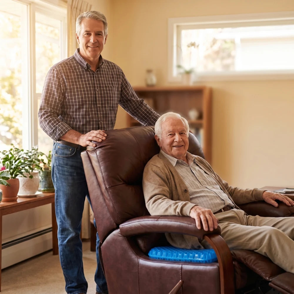 Adult child beside a parent using a HoneyCore cushion