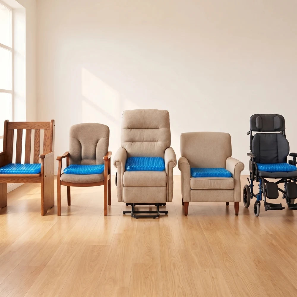 A recliner, dining chair, car seat, office chair and wheelchair shown as familiar long-sitting environments