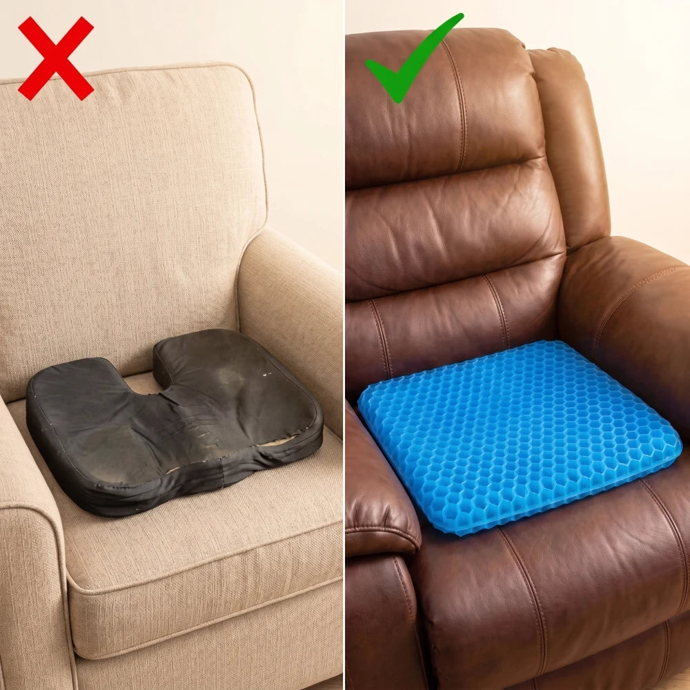 A flattened ordinary foam cushion compared with an open gel grid under a seated person