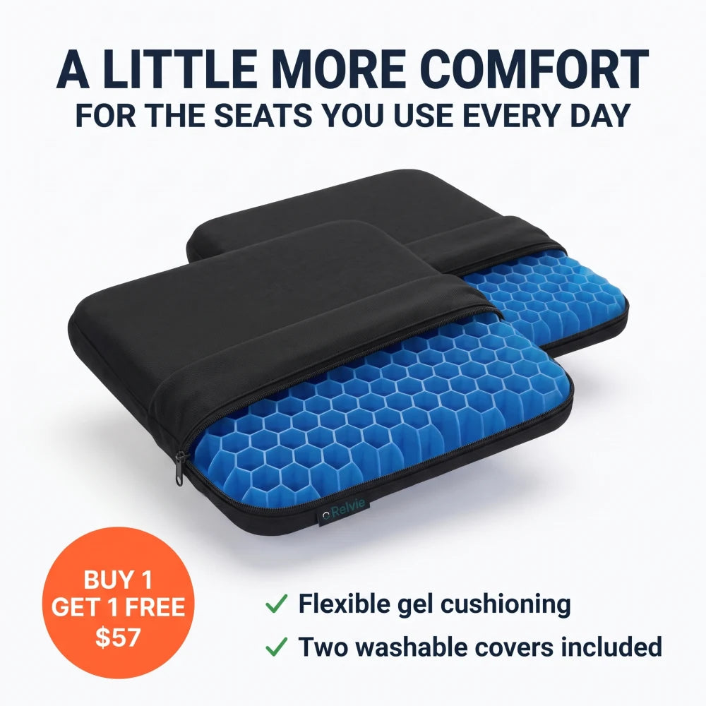 Two Relvie gel seat cushions with washable covers