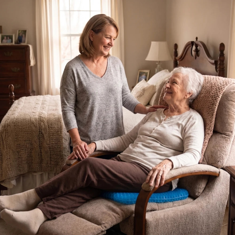 A daughter checking on her relaxed mother seated on a covered gel cushion